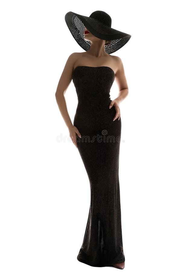 Fashion Model Long Dress Wide Brim Hat, Elegant Woman in Black Gown, full length on white