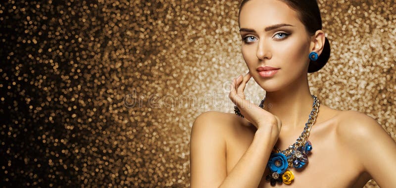 Fashion Model Makeup Portrait, Elegant Woman in Necklace Jewelry