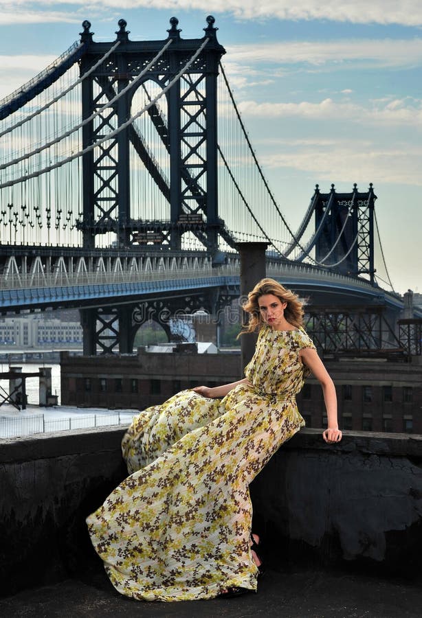 Fashion Model Posing Sexy, Wearing Long Evening Dress on Rooftop ...