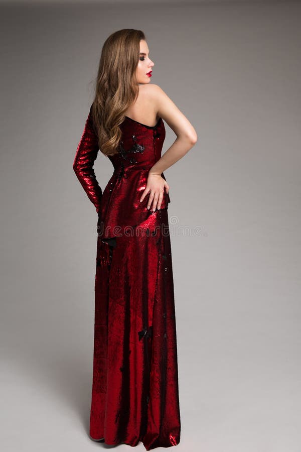 Fashion Model Red Sparkling Dress, Elegant Woman in Long Evening Gown, Rear view