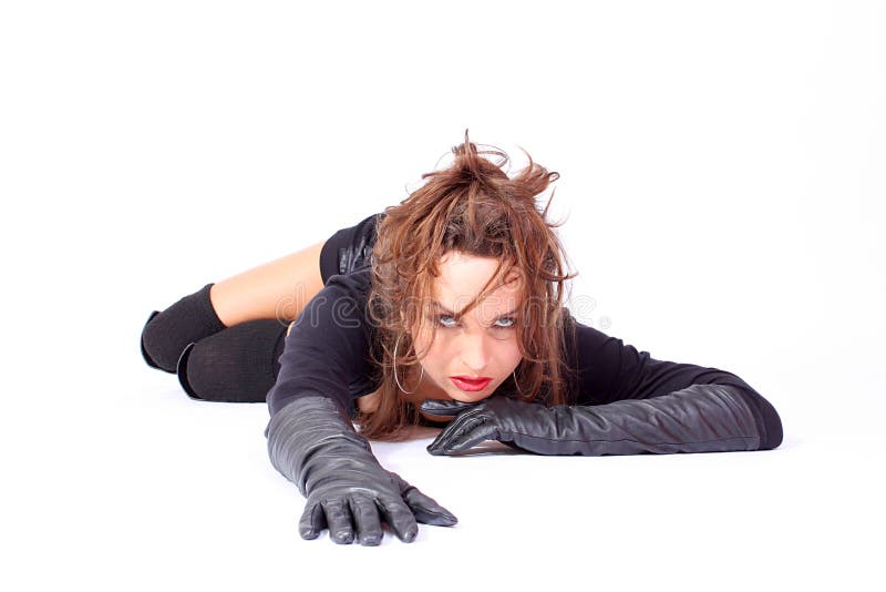 Fashion model wearing long black gloves