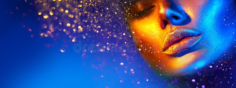 Fashion model woman face in bright sparkles, colorful neon lights, beautiful sexy girl lips. Trendy glowing gold skin