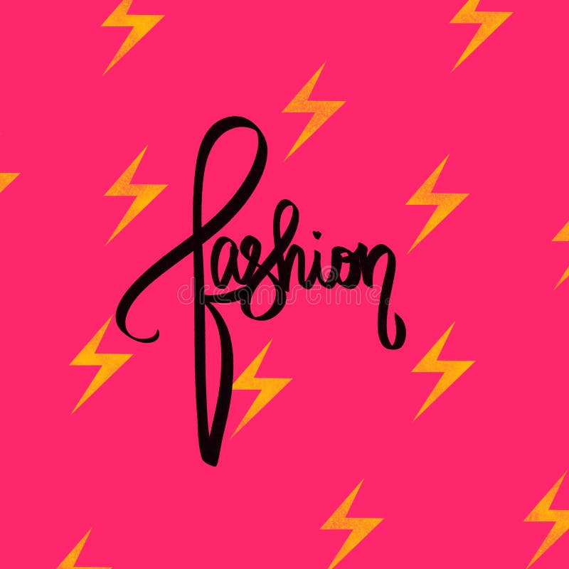 Fashion. Neon pink card with yellow lightning. Fashion illustration. Girls modern black hand lettered sign. Abstract for stylish royalty free illustration Fashion. Neon pink card with yellow lightning. Fashion illustration. Girls modern black hand lettered sign. Abstract for stylish royalty free illustration
