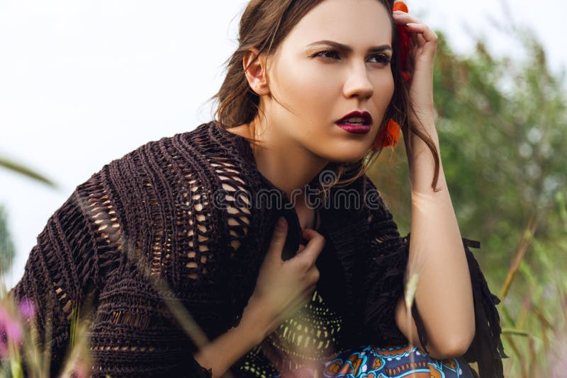 Outdoor Portrait Of A Brunette Woman In Blue Dress In The Field Stock 