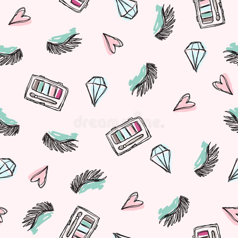 Fashion pattern with closed eyes crystal eye shadow and pink hearts. Light pink background.