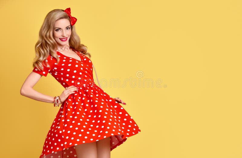 Fashion PinUp Girl in Red Polka Dots Dress.Vintage Stock Image - Image ...