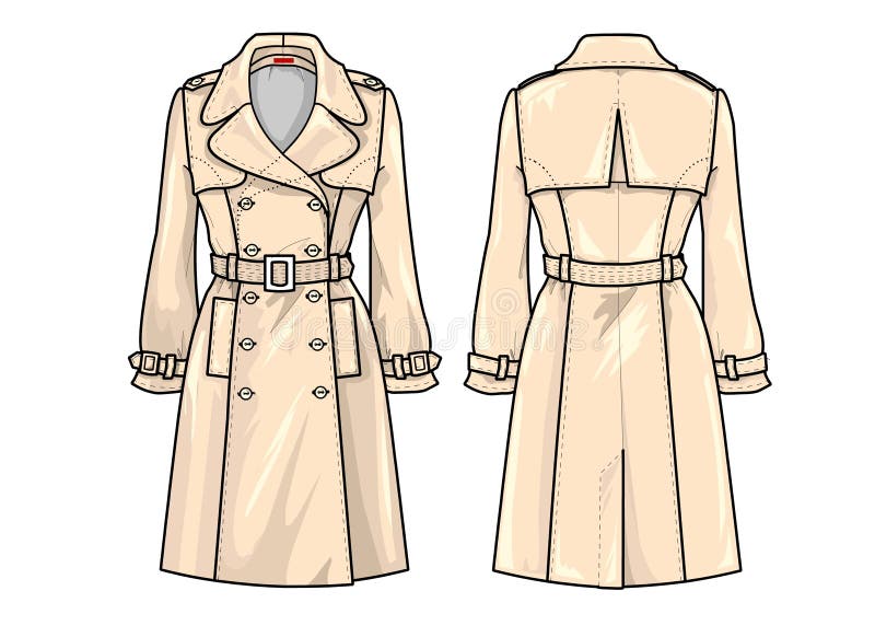 An accurate technical illustration about a classical trench coat. An accurate technical illustration about a classical trench coat