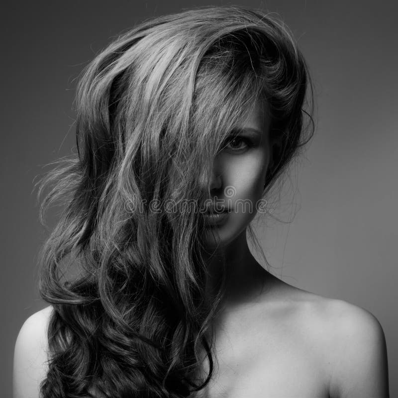 Fashion Portrait Of Beautiful Woman. Curly Long Hair. BW stock photo Fashion Portrait Of Beautiful Woman. Curly Long Hair. BW stock photo