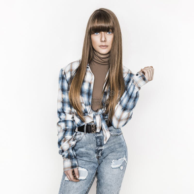 Fashion Portrait of Beautiful Young Girl with Smooth Hair. Girl in Blouse and Jeans. Clothing and Bangs Hairstyle Stock Photo - Image of cool, clothing: 175189776 Fashion Portrait of Beautiful Young Girl with Smooth Hair. Girl in Blouse and Jeans. Clothing and Bangs Hairstyle Stock Photo - Image of cool, clothing: 175189776