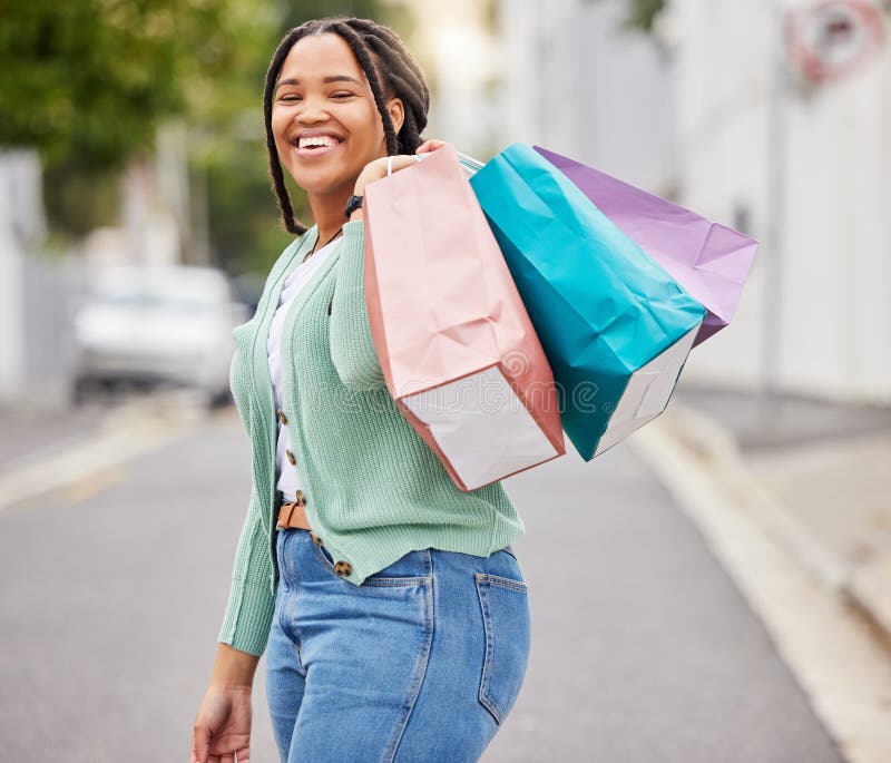 Fashion, Portrait or Happy Black Woman with Shopping Bag or Smile ...