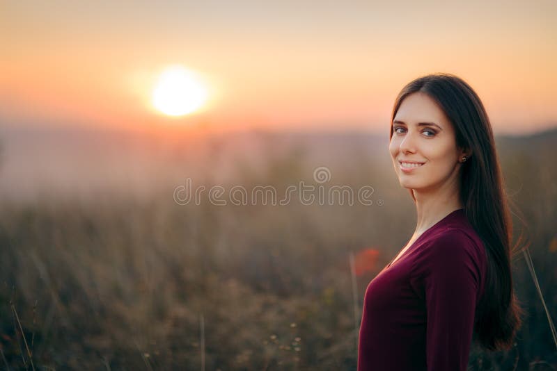 Fashion Portrait of a Happy Woman Admiring Sunset stock photos Fashion Portrait of a Happy Woman Admiring Sunset stock photos