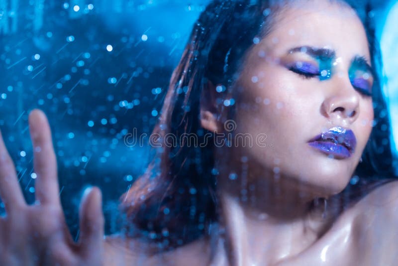 Fashion Portrait Profile Asian Woman Fashion Shower Wet Look Stock