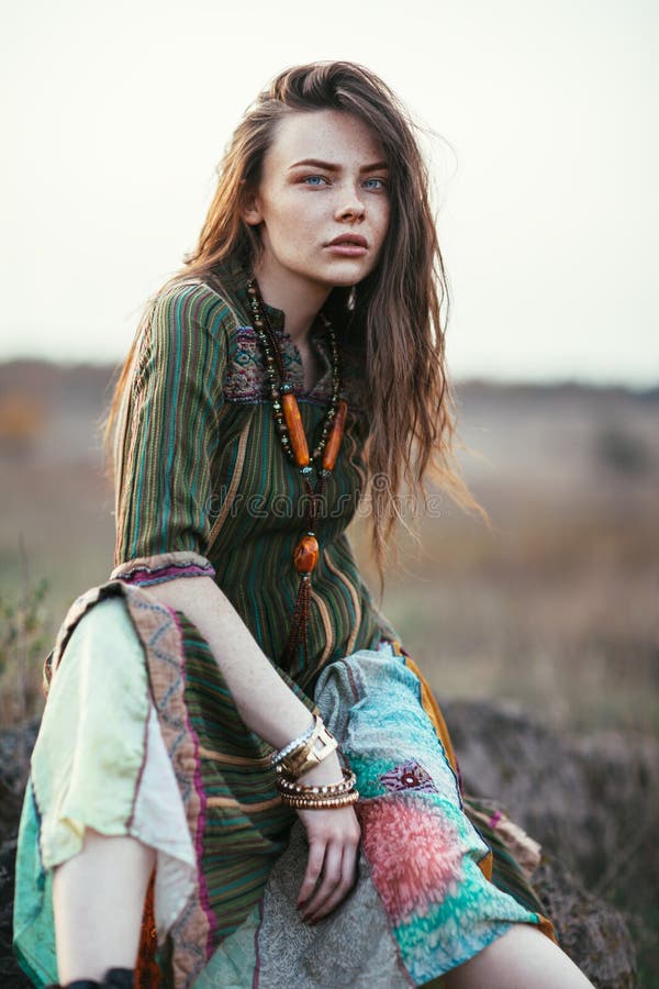 Fashion Portrait of Young Hippie Woman at Sunset Posing on Nature Stock ...