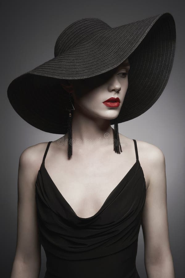 Portrait of Young Lady with Black Hat and Evening Dress Stock Image ...