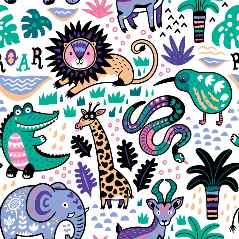 Fashion Safari Seamless Pattern with Jungle Animals in Vector Stock ...