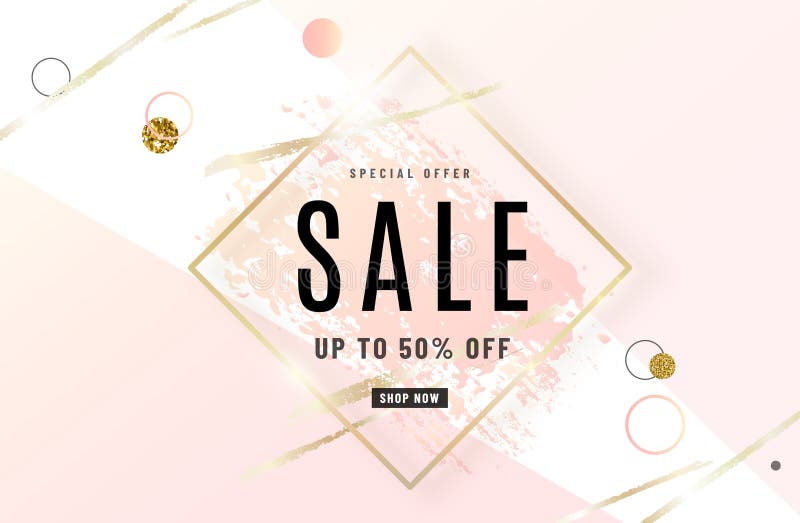 Fashion sale banner design background with gold frame, watercolor rose pink brush, special offer text, geometric royalty free illustration Fashion sale banner design background with gold frame, watercolor rose pink brush, special offer text, geometric royalty free illustration