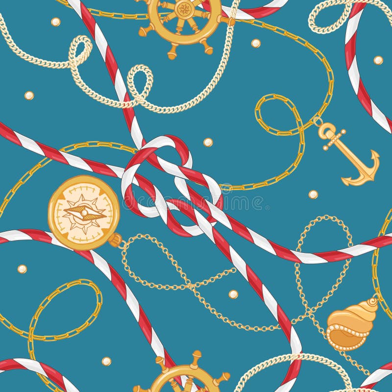 Fashion Seamless Pattern with Golden Chains and Anchor for Fabric Design. Marine Background with Rope, Knots royalty free illustration