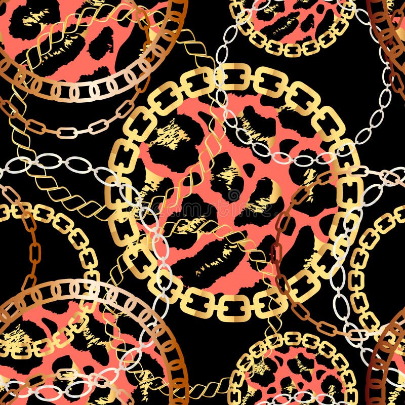 Fashion Seamless Pattern with Golden Chains and Leopard Print. Fabric ...