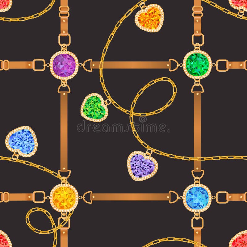 Fashion Seamless Pattern with Golden Chains, Straps and Gems. Fabric Design Background with Chain, Gemstones