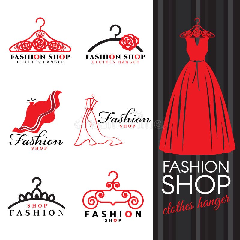 Fashion Shop Logo - Red Dress and Clothes Hanger Logo Vector Set Design ...