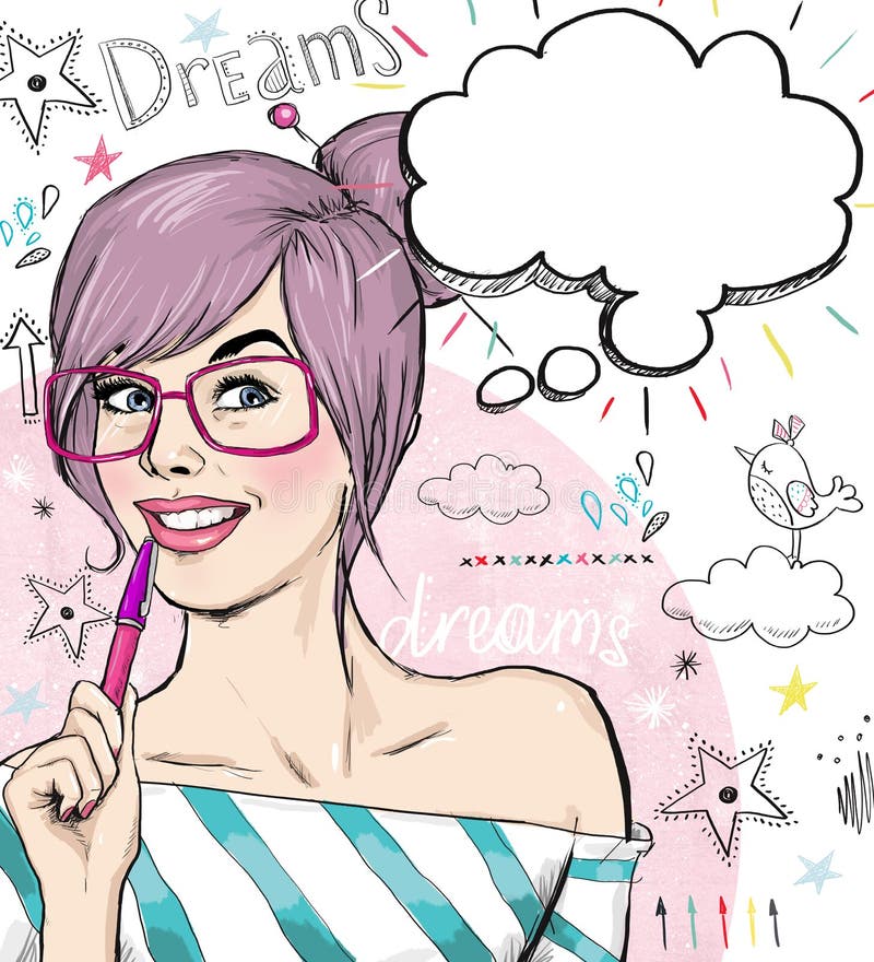 Fashion sketch illustration girl with pen in the hand with speech bubble. Student girl. Youth. Young student at the lesson. Young royalty free illustration Fashion sketch illustration girl with pen in the hand with speech bubble. Student girl. Youth. Young student at the lesson. Young royalty free illustration