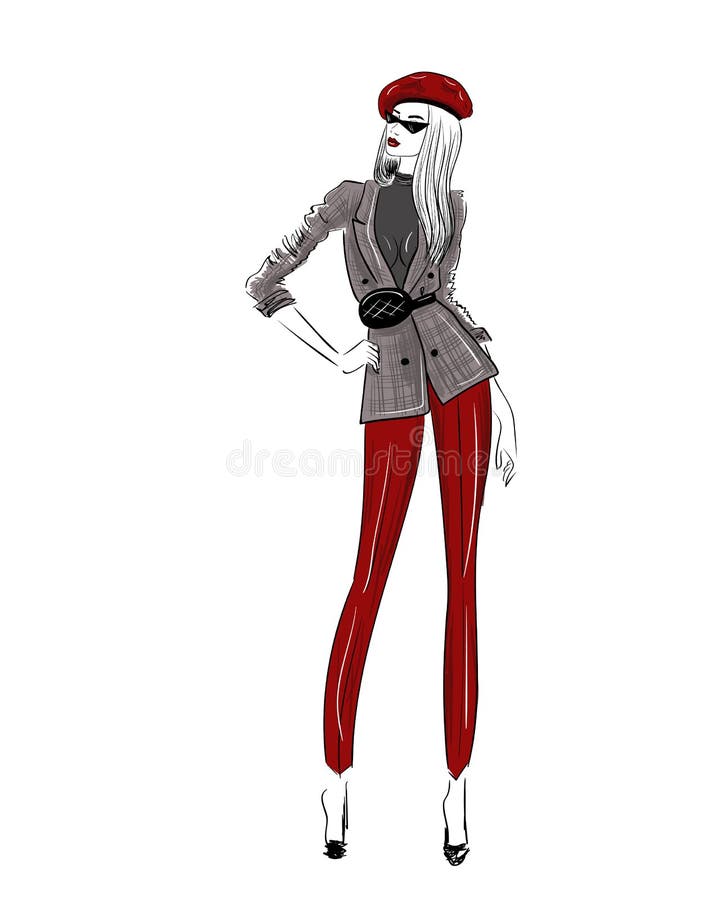 Fashion sketch of woman figure in red beret stock illustration Fashion sketch of woman figure in red beret stock illustration