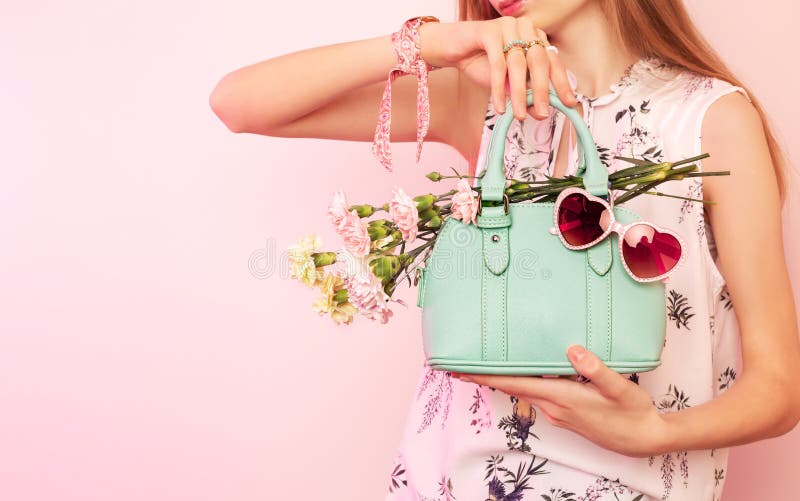 Fashion Spring Accessories - Girl Holding Mint Handbag Purse and Sunglasses  on Pastel Pink Stock Photo - Image of designer, model: 242464308