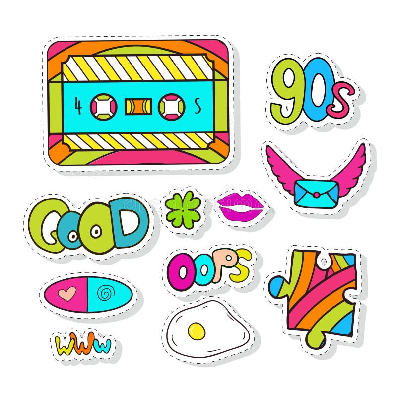 Vector set of linear fun patches,stickers,geometric shapes in 90s