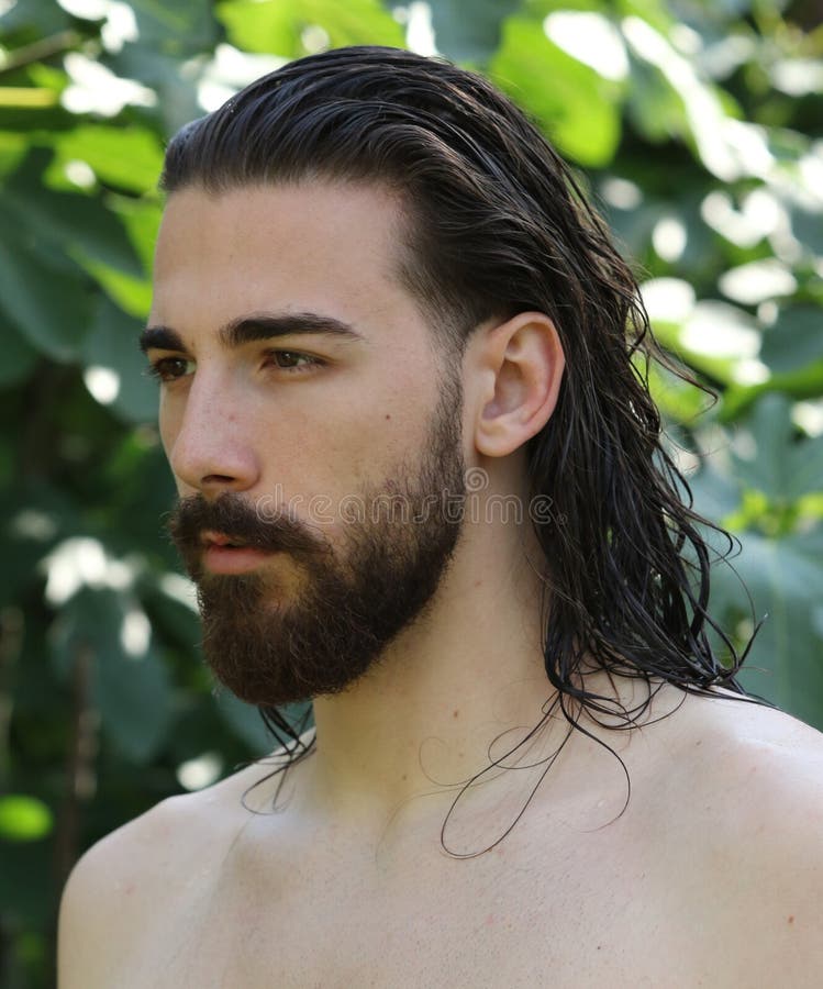Young, Attractive Male Model with Long Hair and Beard Posing in Nature.  Stock Image - Image of caucasian, chest: 183549895