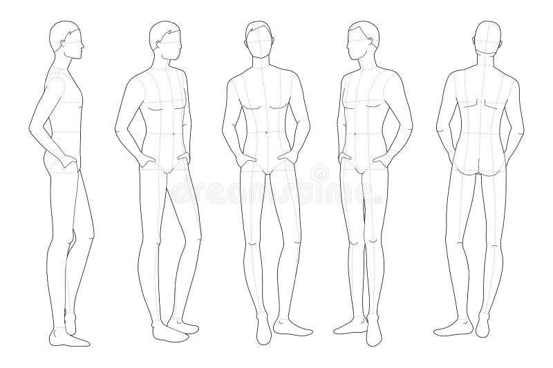 Fashion template of standing men with wide legs. 9 head size for technical  drawing with main lines. Gentlemen figure front and back view. Vector  outline boy for fashion sketching and illustration Stock