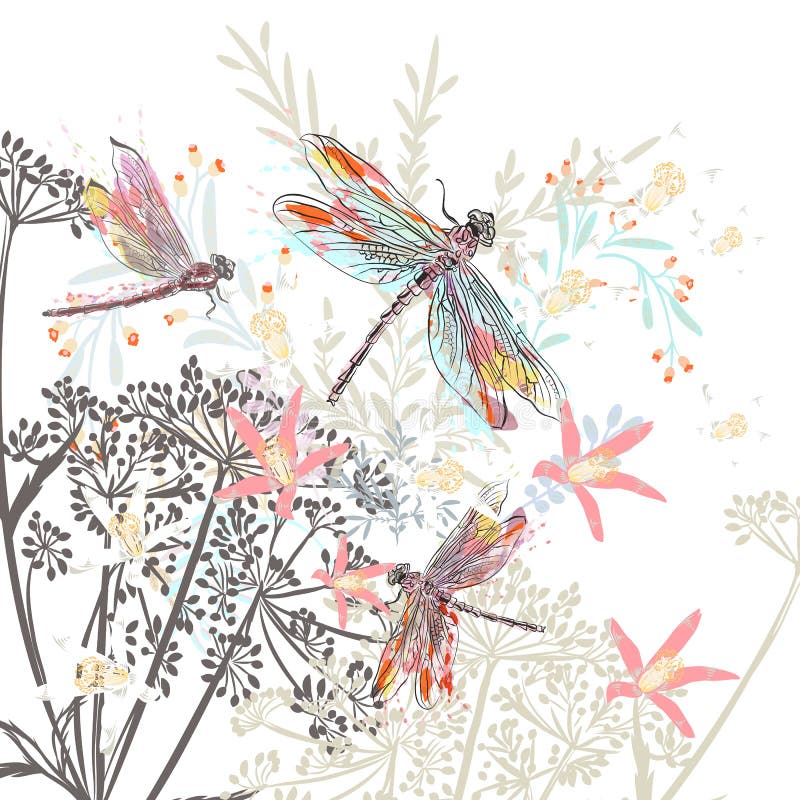 Fashion vector illustration flowers and dragonfly