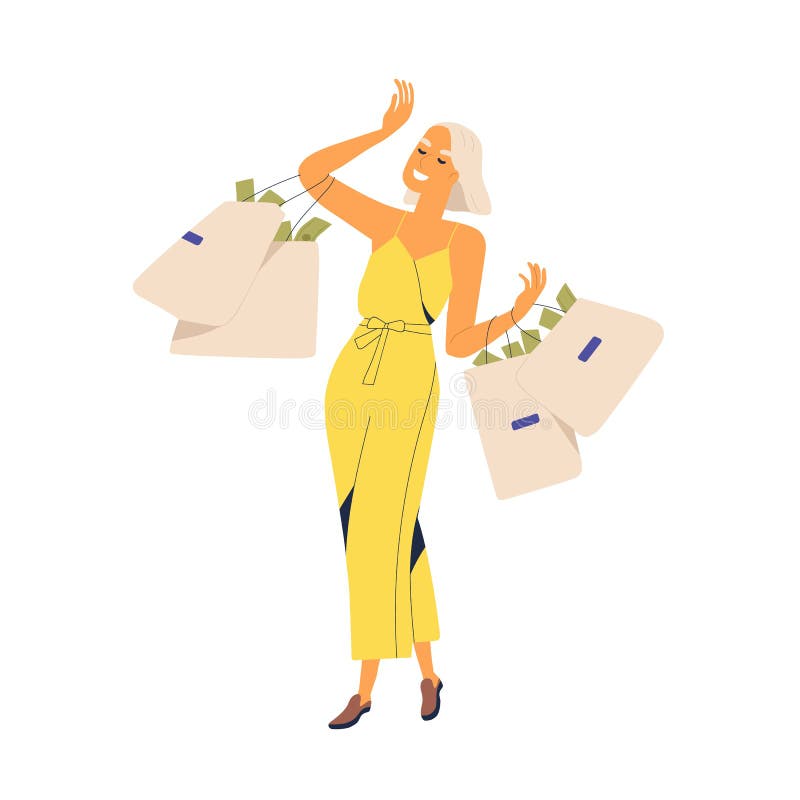 Fashion woman millionaire carrying bags full of currency vector flat illustration. Smiling rich girl with much money