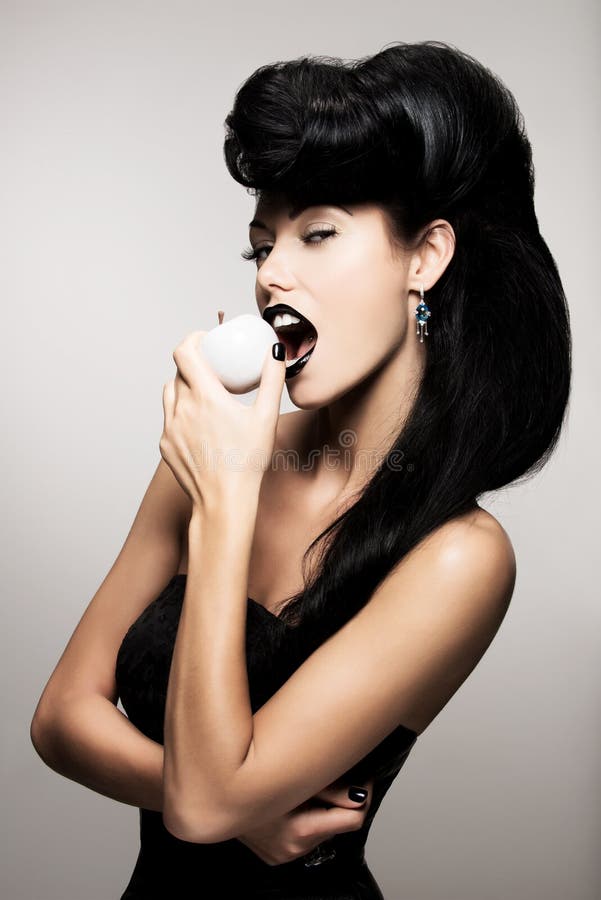 Fashion Woman with Modern Hairstyle with White Apple Stock Image - Image of  ring, blue: 38046939