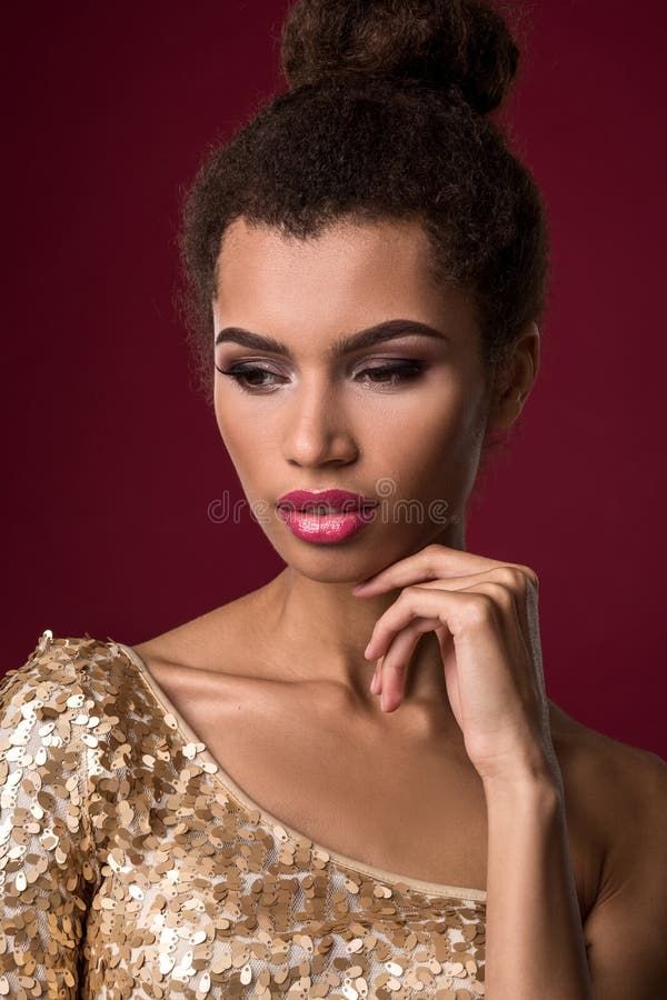 Fashion Young African Woman with Make-up, in Gold Dress. Stock Photo ...