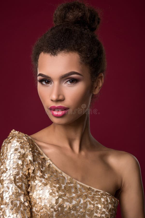 Fashion Young African Woman With Make-up, In Gold Dress. Stock Image ...