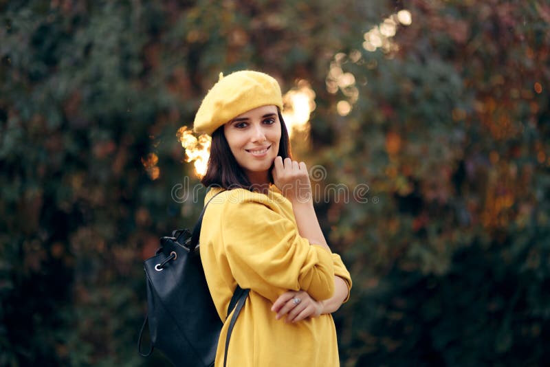 Beautiful Stylish Woman Wearing Yellow Beret Stock Photo - Image of ...