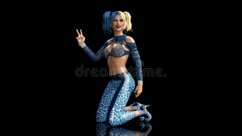 Blonde girl in yoga pants Fashionable Blonde Girl With Pigtails Showing Victory Sign Cheerful Woman In Yoga Pants Kneeling On Black Background 3d Render Stock Illustration Illustration Of Blue Hair 130907742