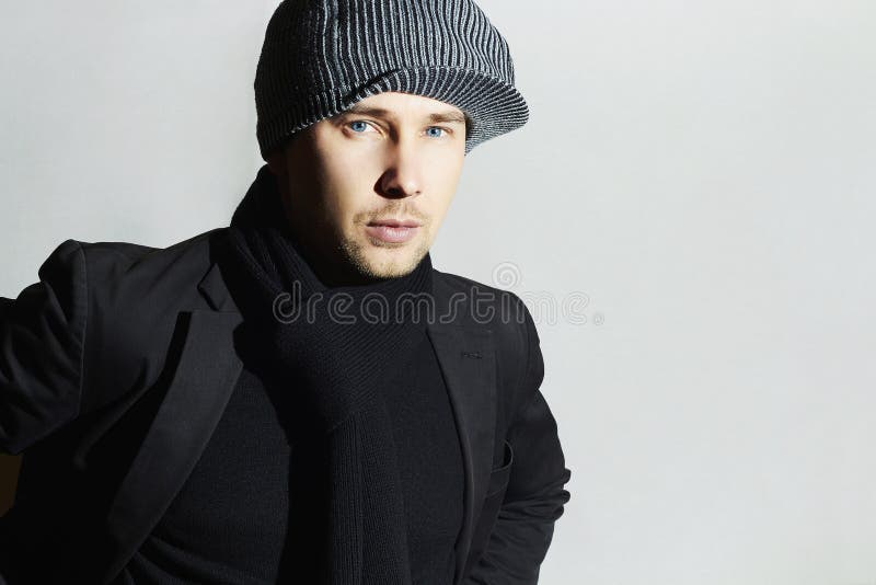 fashionable handsome man black scarf stylish boy hat young man spring fashion casual 50236119