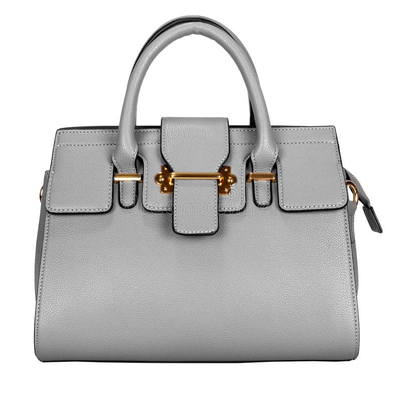 Fashionable light gray classic women`s bag with gold fittings and leather texture on the front on a white background