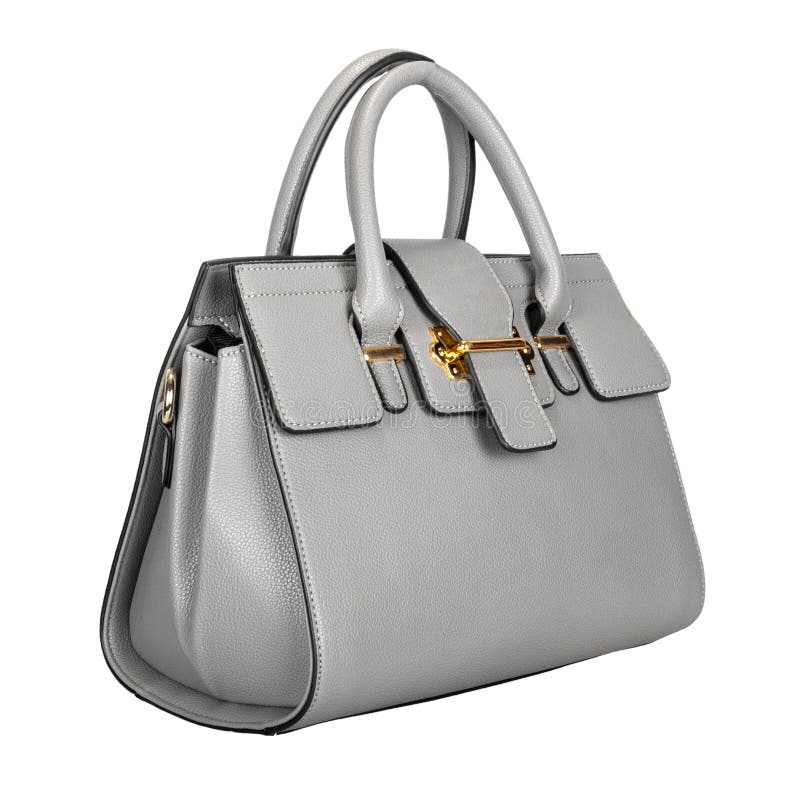 Fashionable light gray classic women`s bag with gold fittings and leather texture on the side on a white background