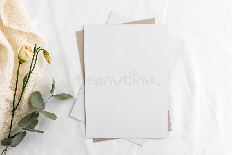 Fashionable stock stationery background - a white card for writing and twigs of dry plants on a white table. Wedding feminine back