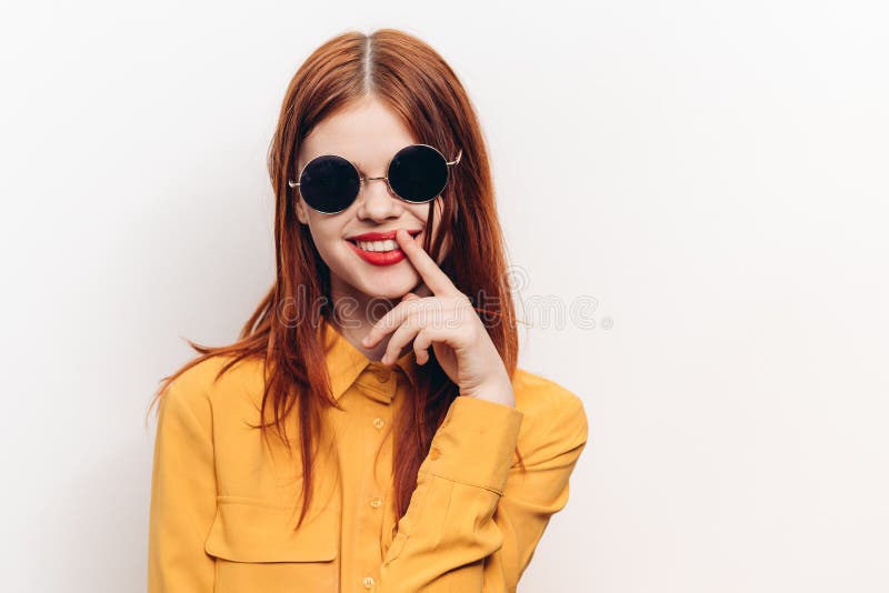 Fashionable Woman in Yellow Shirt Sunglasses Posing Stock Image - Image ...