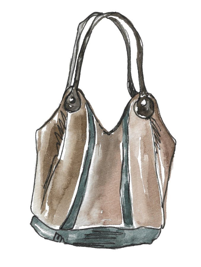 fashionable women s accessory large brown leather bag blue green vertical stripes boho style watercolor freehand sketch 279206117
