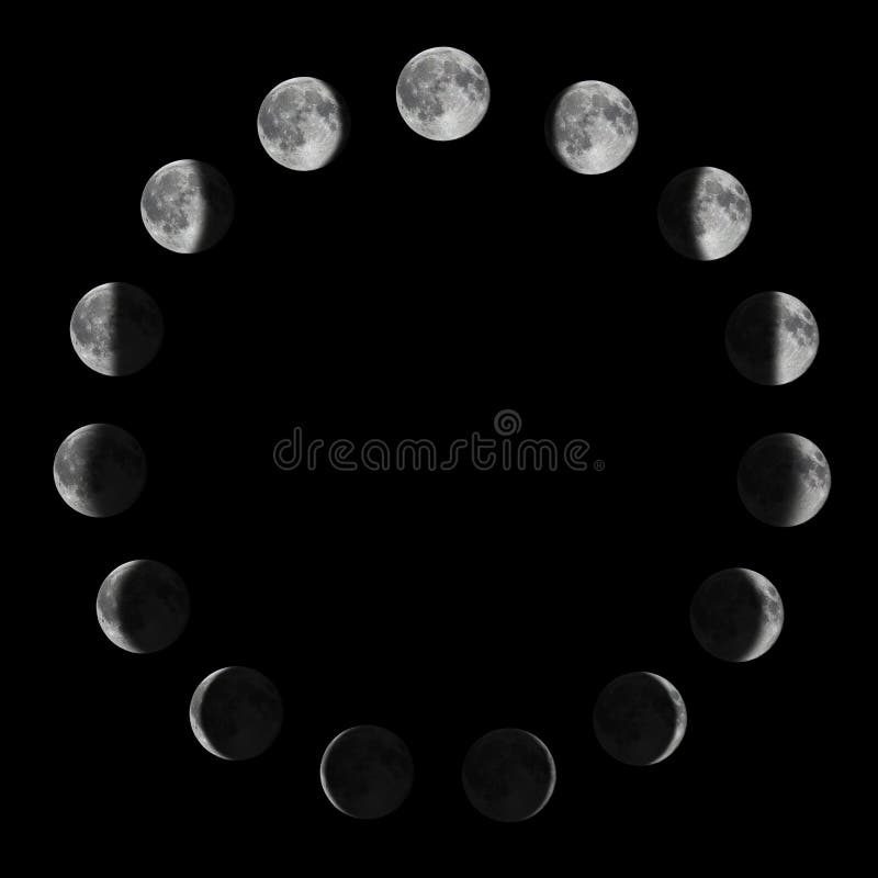 Fasi della luna sopra il cielo notturno con le stelle Ciclo lunare della luna