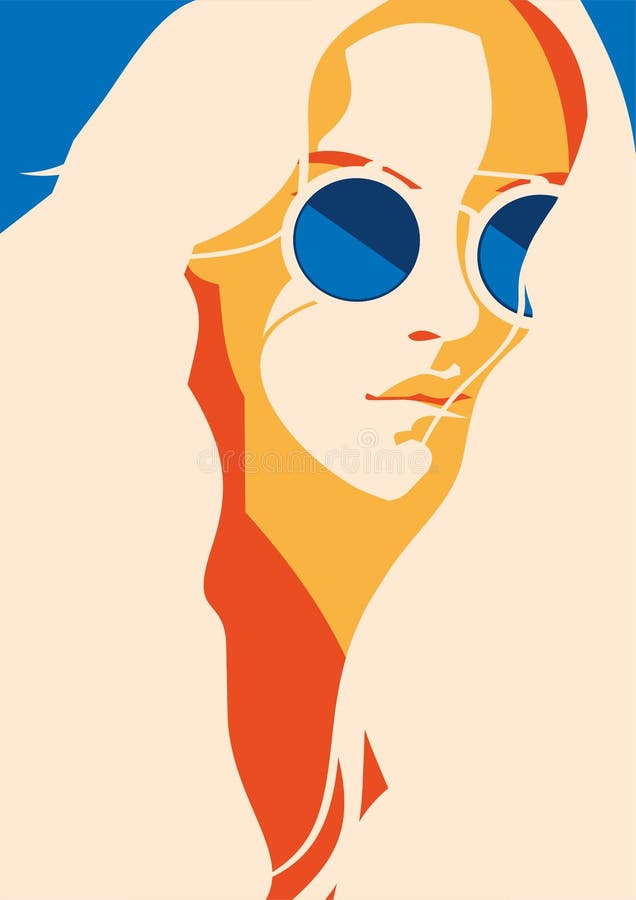 Fasonuje portret wzorcowa dziewczyna z okularami przeciwsłonecznymi Retro modni kolory plakat lub ulotka