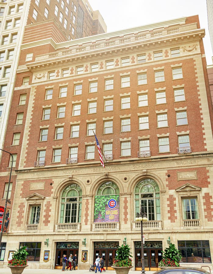 Chicago, Illinois, USA, October 2016: Facade of the building that houses Symphony Center music complex of Chicago. Located at 220 South Michigan Avenue in the Loop area of Chicago. Chicago, Illinois, USA, October 2016: Facade of the building that houses Symphony Center music complex of Chicago. Located at 220 South Michigan Avenue in the Loop area of Chicago