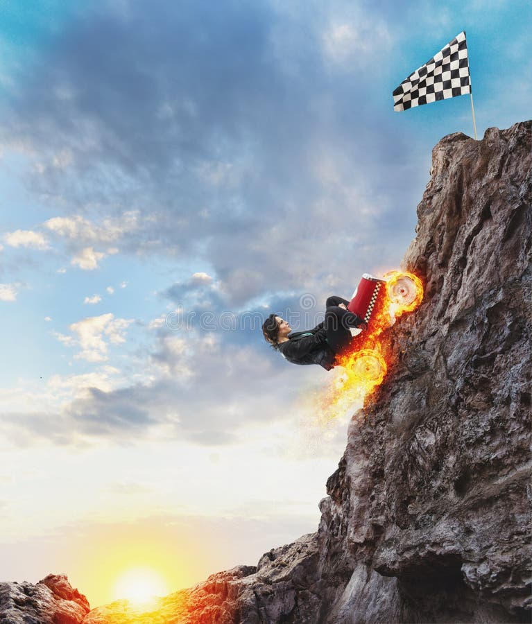 Fast businesswoman with a car climbs a mountain to reach the flag. Concept of success and competition. royalty free illustration