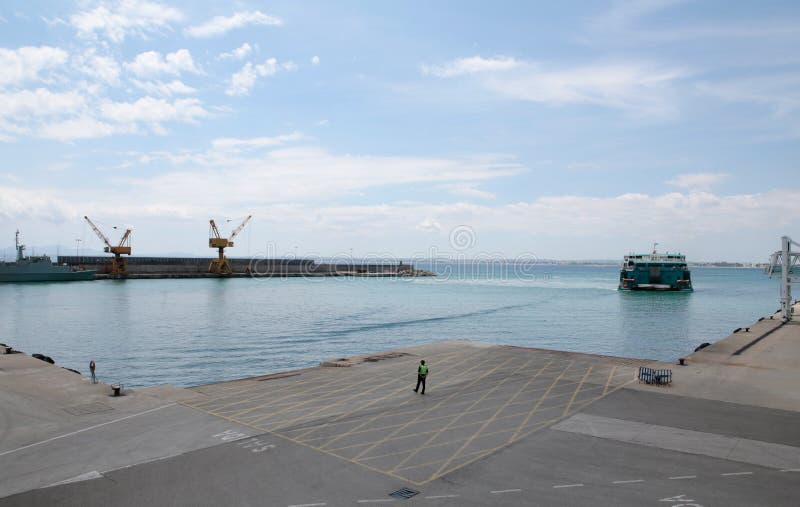 Fast ferry arriving to alcudi port in mallorca royalty free stock photos