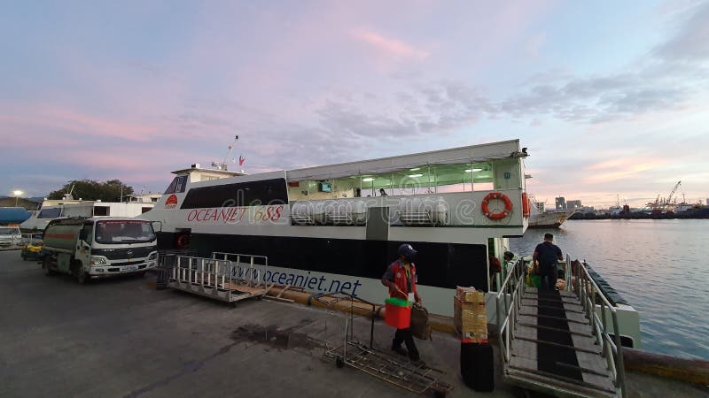 A Fast Ferry Boat in the Philippines Ready to Leave Sea Port stock images