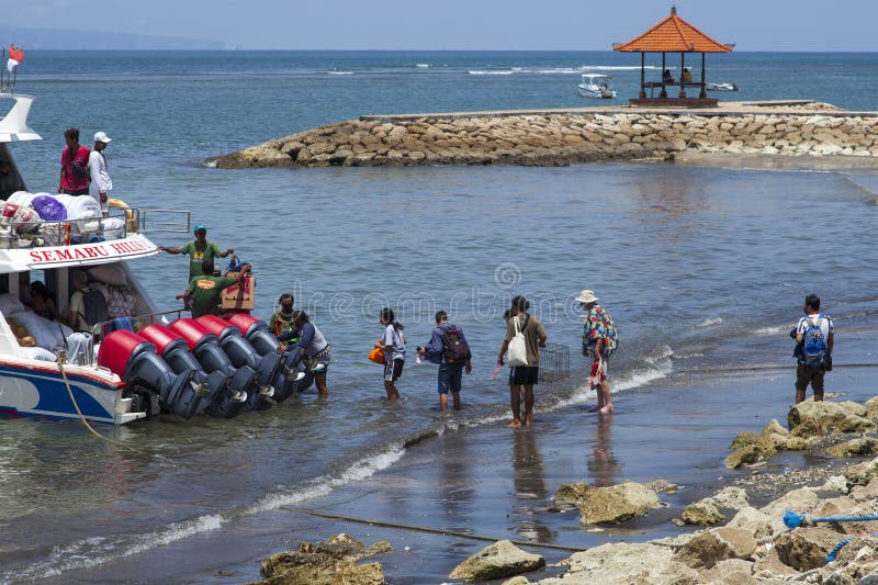 Fast ferry boat at Sanur Port in Sanur, Bali, Indonesia. stock images